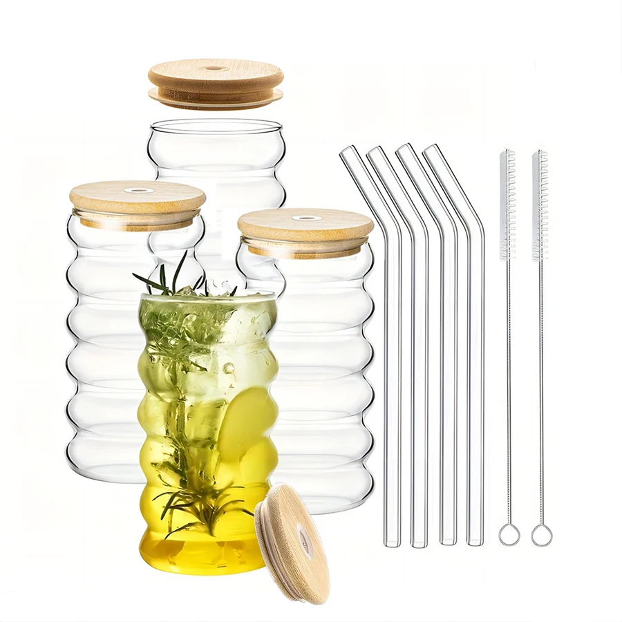 YWDL 4PCS 16oz/500ml Wave Shape Beverage Glasses With Straws Vintage Glass Cups Ripple Drinking Glasses for Juice Beer Wine