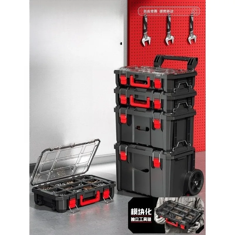 Large Capacity Stackable Trolley Tool Box Set, Industrial Modular Storage Case for Vehicle & Hardware Organize