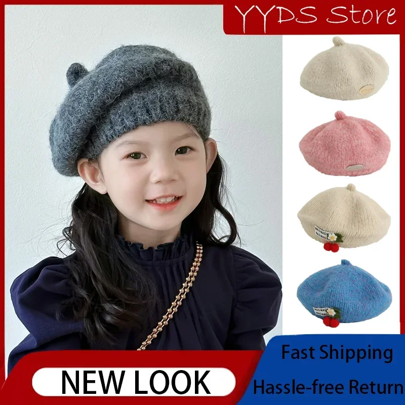 

Girl's Metal Labels Beret Solid Color Simple Knit Painter's Hat Winter Baby Knitted Woolen Octagonal Hat Cherry Beanies