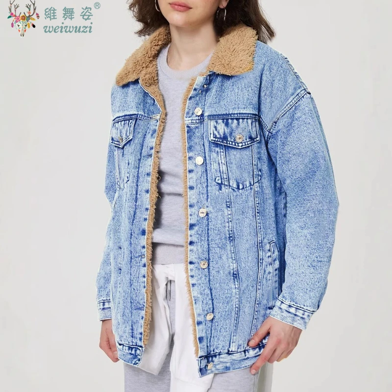 Kurtki jeansowe damskie Harajuku na zimę, vintage, jednorzędowe, luźne, grubsze, ocieplane polarem, ciepłe kurtki kowbojskie, odzież wierzchnia streetwearowa, casual.