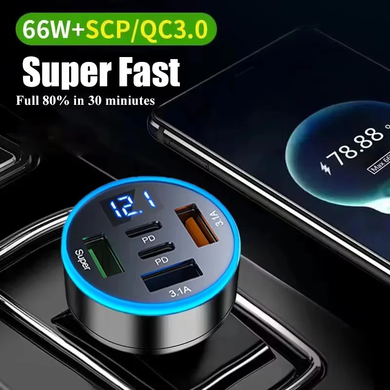 250W 5-in-1 PD QC3.0 Car Charger Fast Charging USB C for IPhone,Samsung Galaxy, IPad Pro, Multi-Port Cigarette Lighter Adapter
