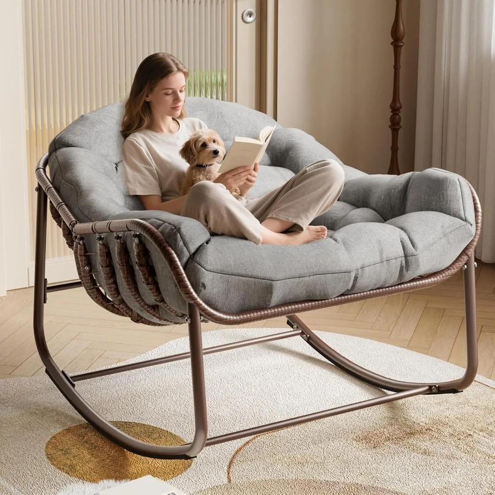 Outdoor Oversized Wicker Lounge Chair with Cushion and Metal Frame, Perfect for Patio, Balcony, Backyard or Porch, Grey