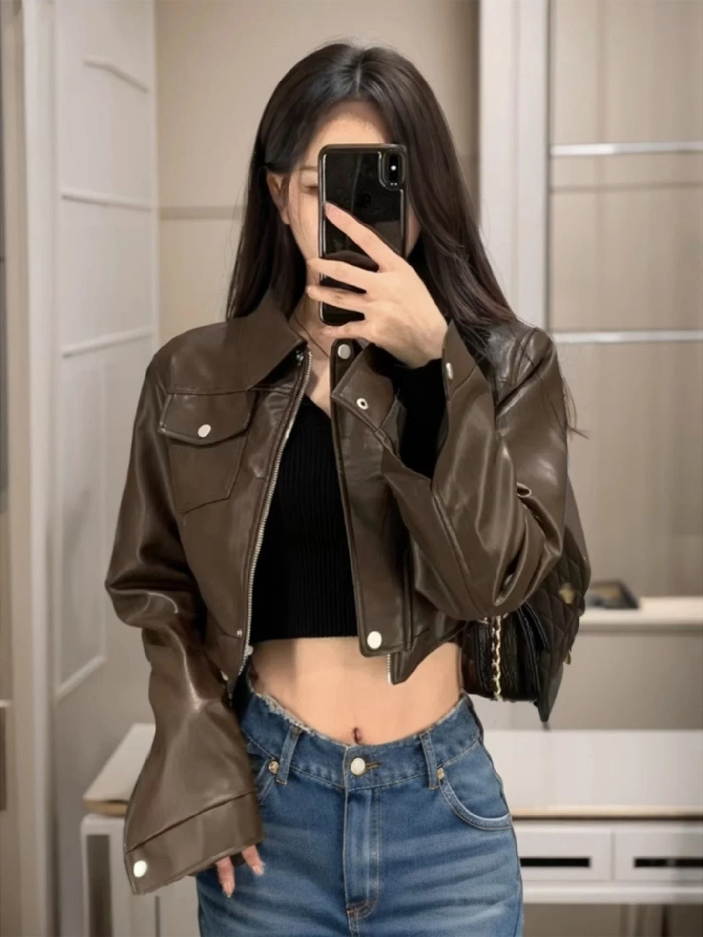 Browan Short Motorcycle Jacket Women's Early Autumn Vintage Hot Girl Street Style Zipper Loose Fit Female Outerwear Coat