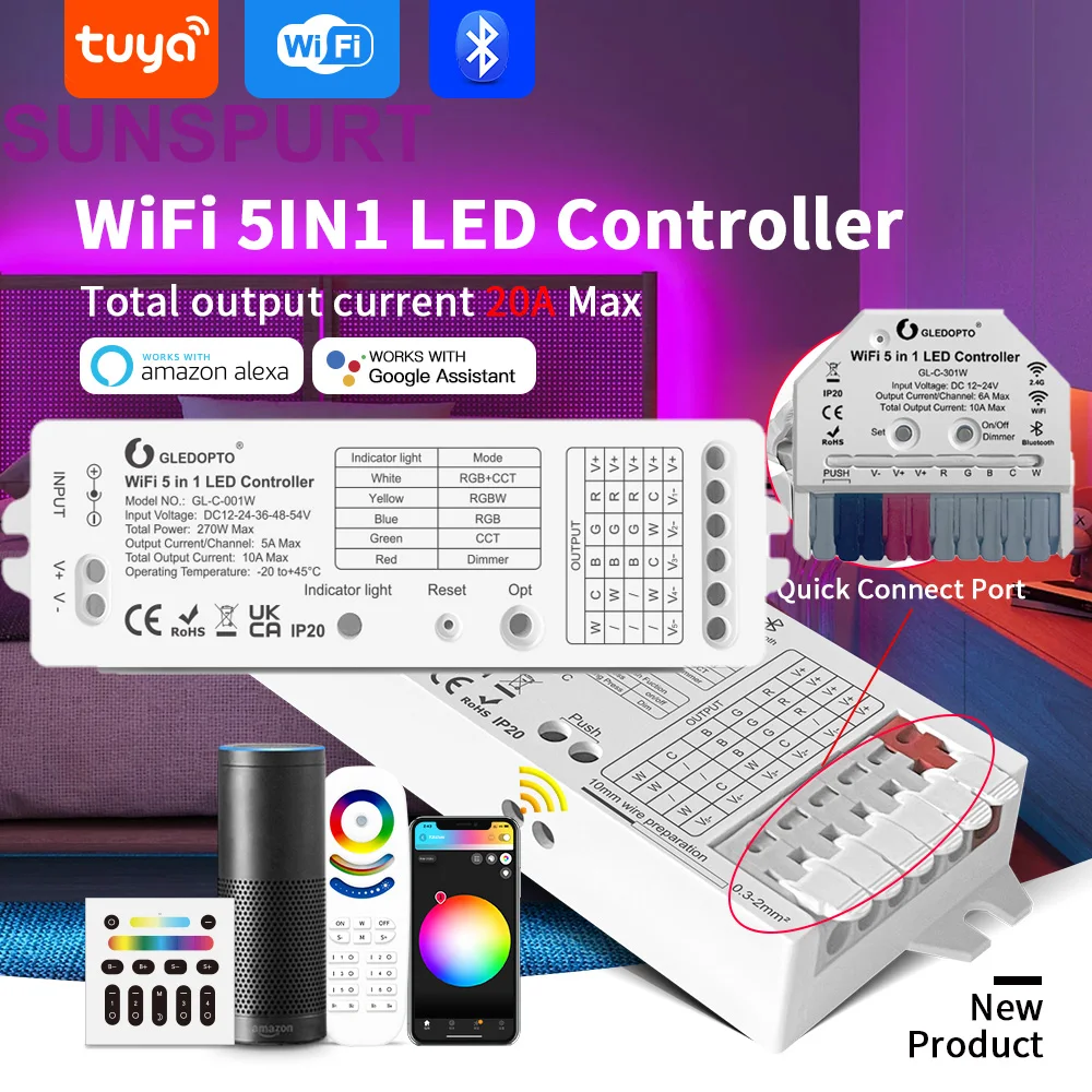 5Matter WLED Tuya WiFi 5 in 1 Zigbee LED Controller Strip Light RGBCCT Work with Tuya Smart Life App Control Alexa Voice Control