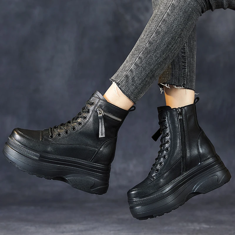 GKTINOO Ankle Boots Platform Women Genuine Cow Leather Short Boots Round Toe Height Increasing Thick Sole Ladies Shoes Handmade