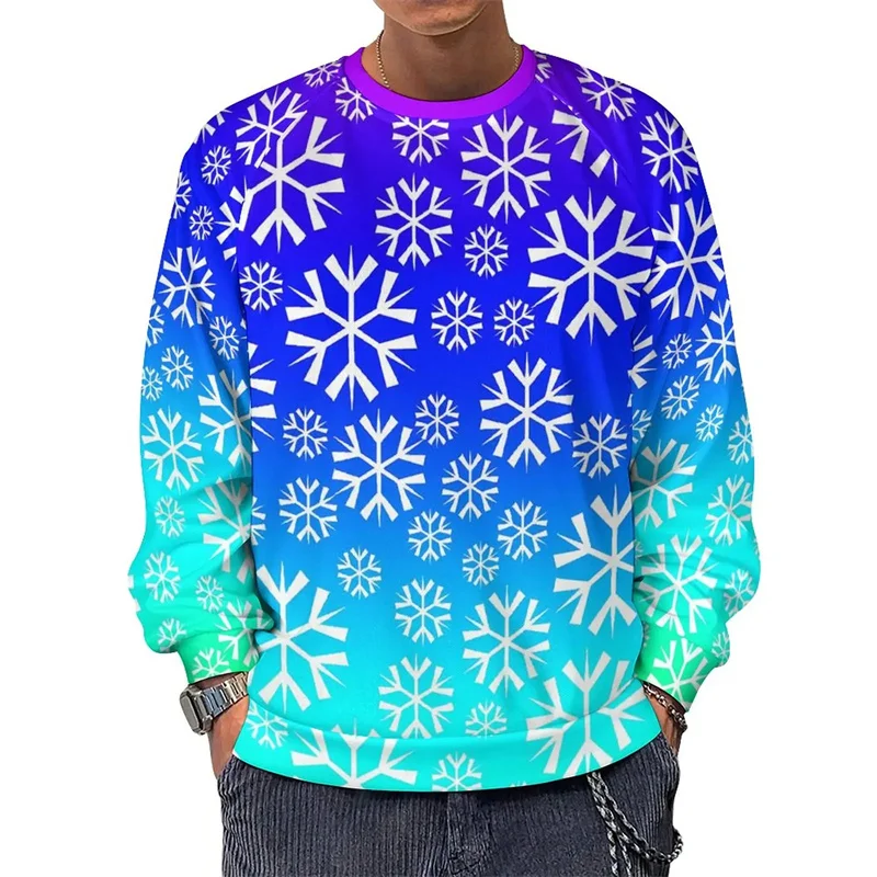 Moletom de manga comprida com gráficos floco de neve masculino, pulôveres simples estampados em 3D, moletom solto confortável, tendência casual, gola redonda, moda