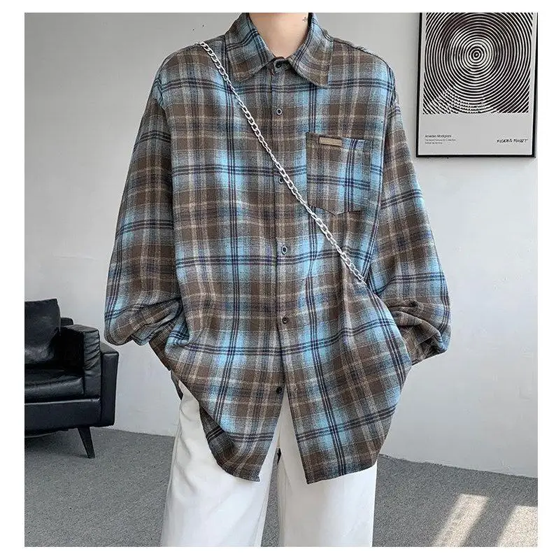 

Retro Brushed Plaid Long Sleeve Men's Shirt Casual Youth Spring Autumn High Sensation Outerwear Classic Grid Pattern