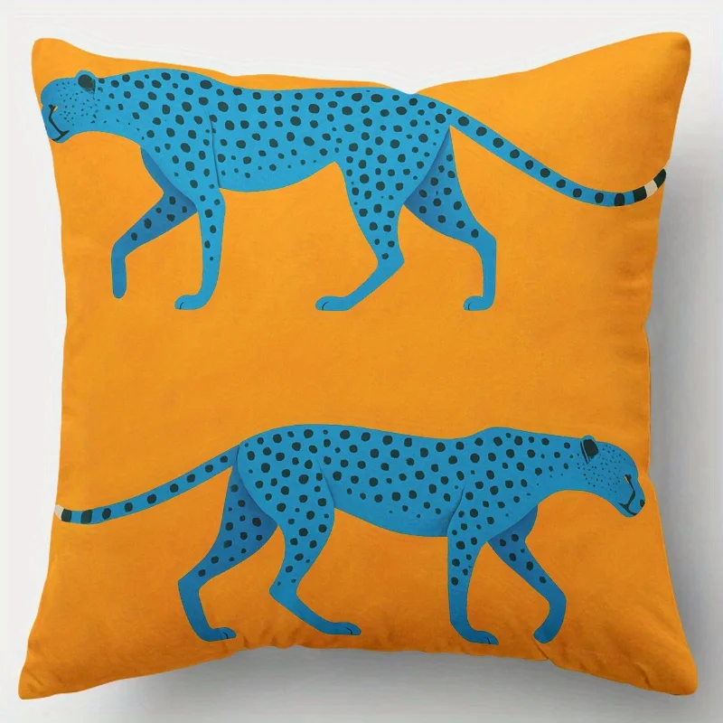 1pc 2D Flat Pillow Not Included Blue Cheetah Orange Background Animal Art Cushion Cover Short Plush Modern Safari Decor GiftCase