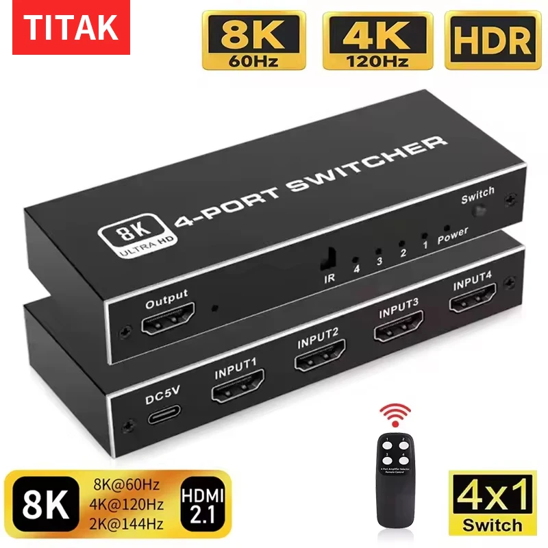 8K HDMI 2.1 Switcher Selector 4 in 1out 4K 120Hz HD Switch HDMI Splitter 4 In 1 Out 3 In 1 Out for laptop PC Switch TV Box PS5