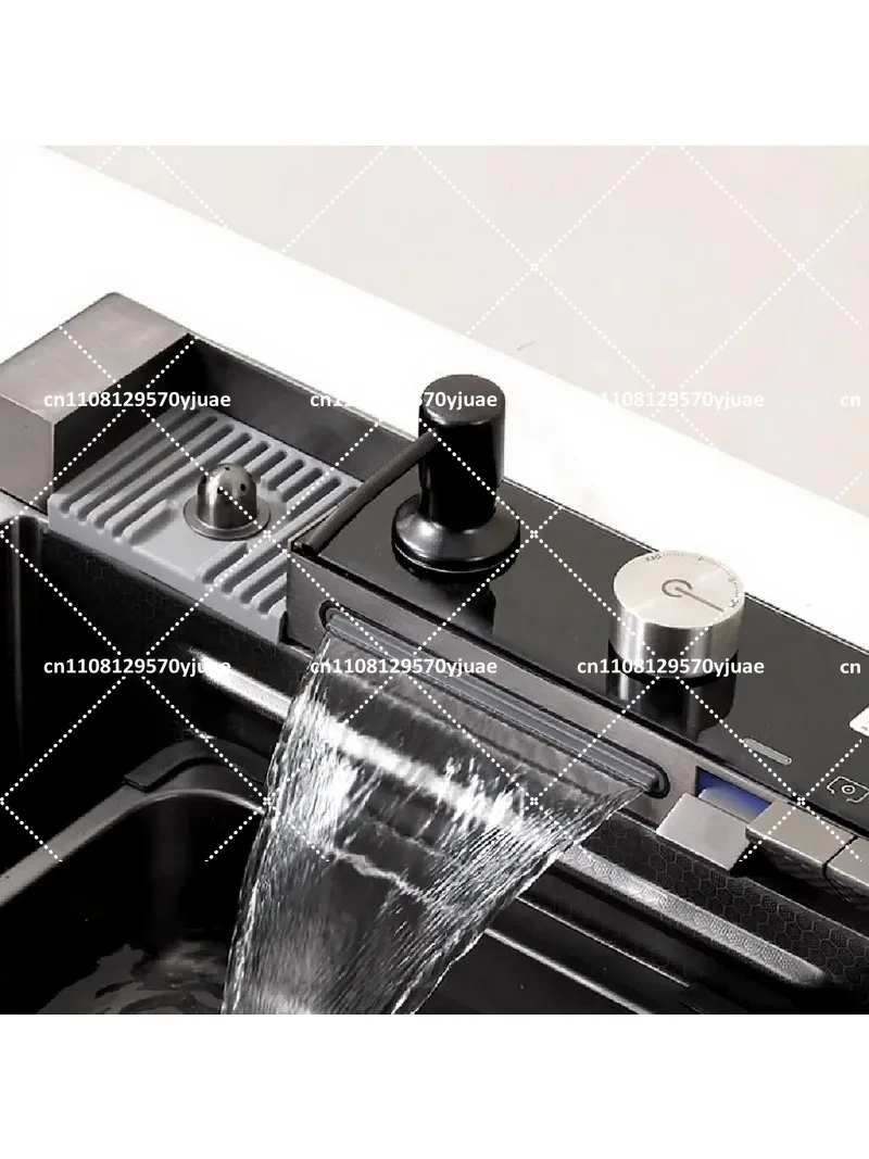 Stainless Steel Waterfall Kitchen Sink with Knife Holder, Extra Large Single Slot, Digital Display Faucet Set, 100x50cm Embossed