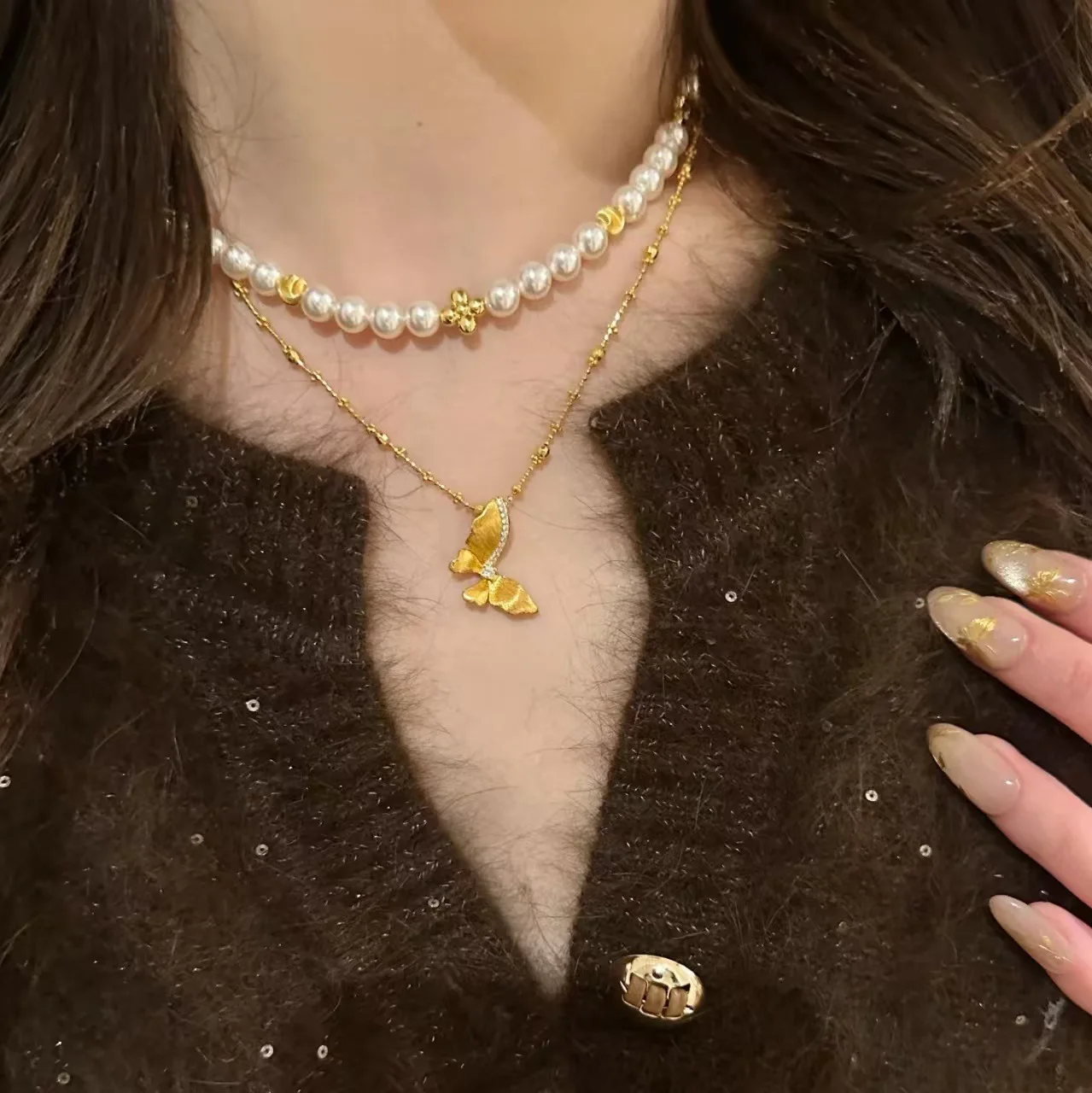 Gold Shop 9999 24K real gold ancient fabrush diamond pendant necklace for women light luxury