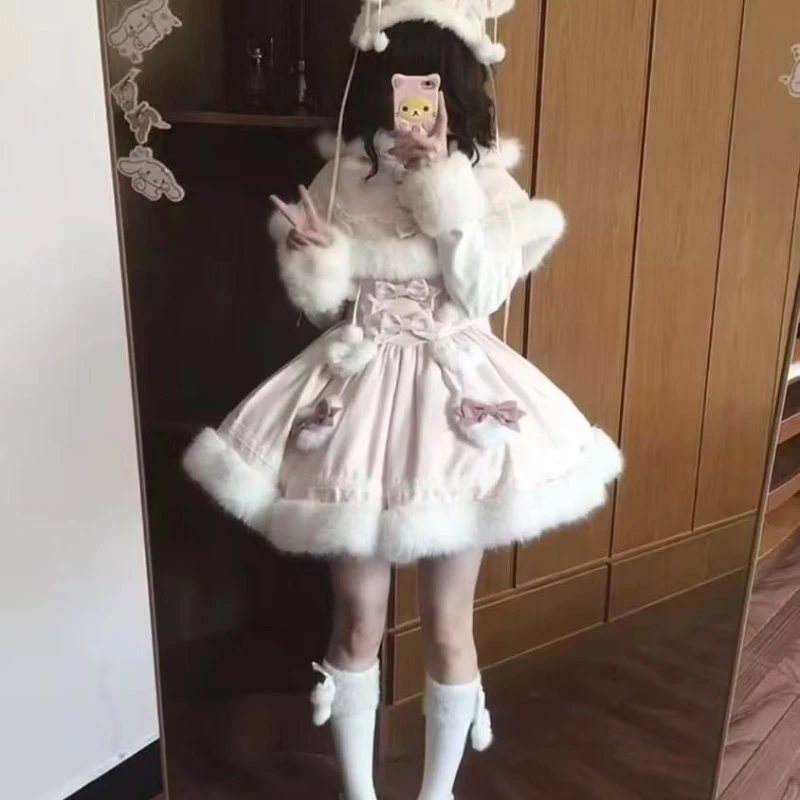 Japanese Sweet Lolita Style 2 Piece Set Women Kawai Bow Bunny Hooded Cloak Coat Pink Plush Party Mini Dress Korean Y2k Cute Suit image 4