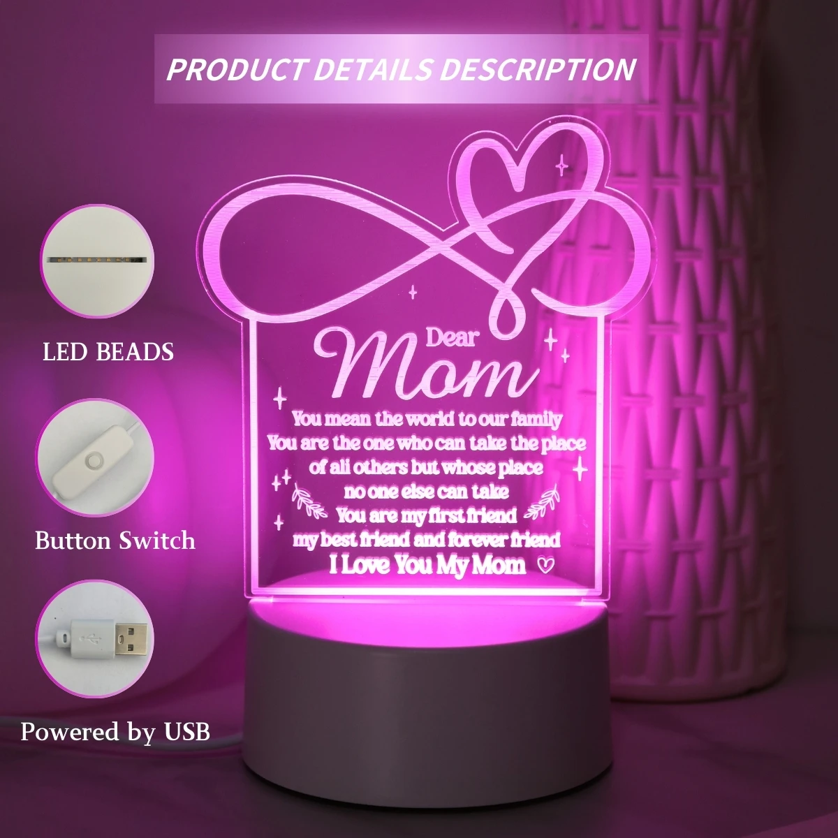 USB Powered Love Mom Night Light, the Ideal Gift for Mothers on Birthdays, Christmas, Mother's Day, and Thanksgiving!