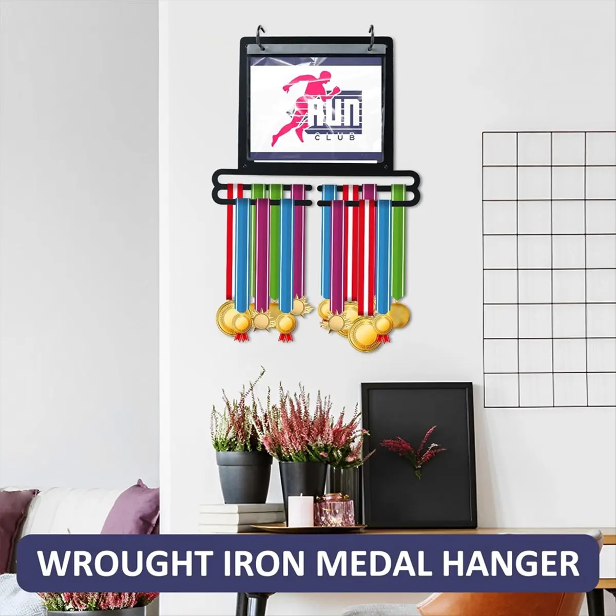 Medal Hanger Display, Mounted Medal Hanger with Number Bags and Hooks Race Medal Display Rack Practical Medal Holder,B-A57M