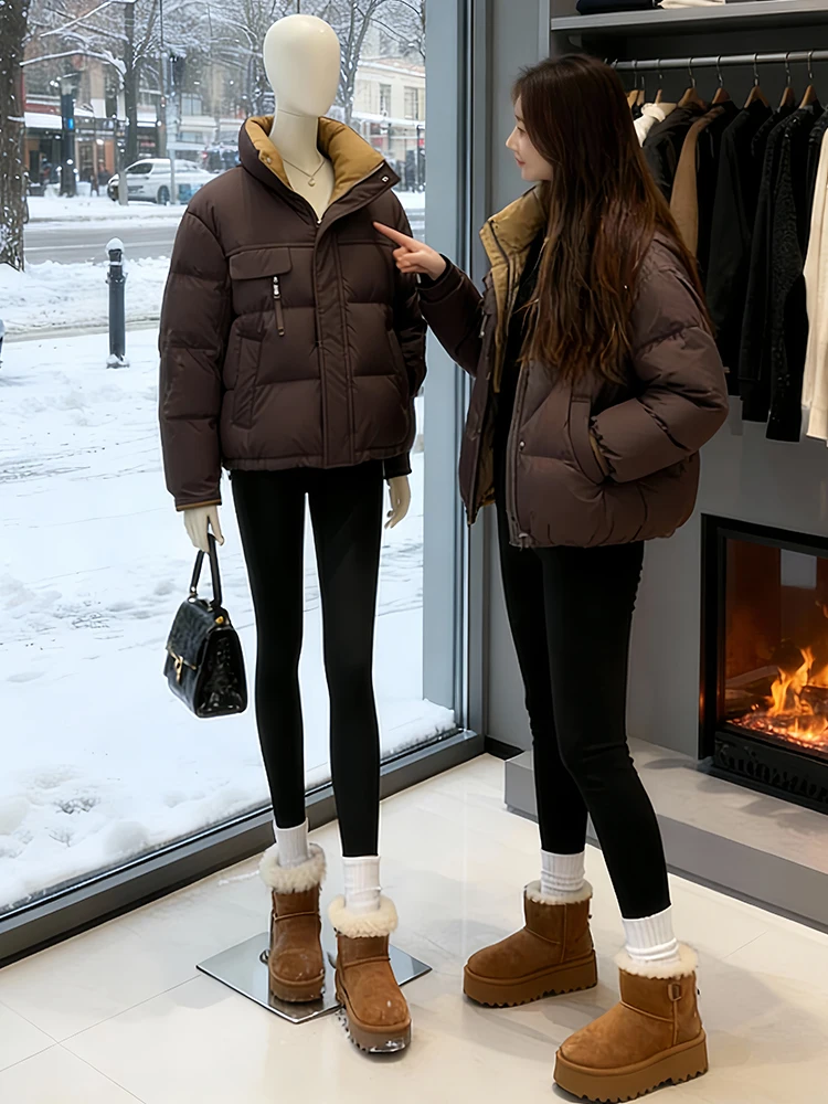 

Faionable Thiened Warm Brown Cotton Jaet down Coat Women's Winter Outerwear Sli Commute Korean Sle Loose Fit