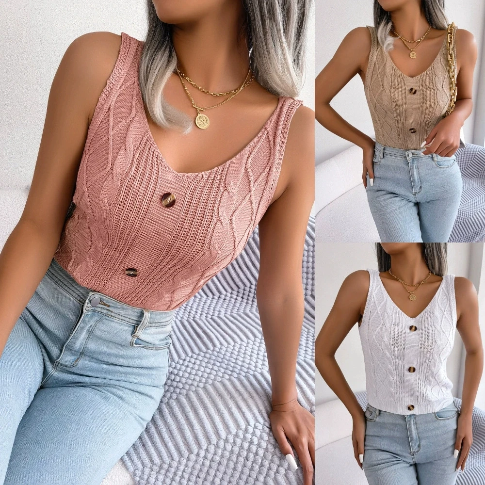 

European and American leisure V-neck button Fried Dough Twists top holiday sweater in spring and summer