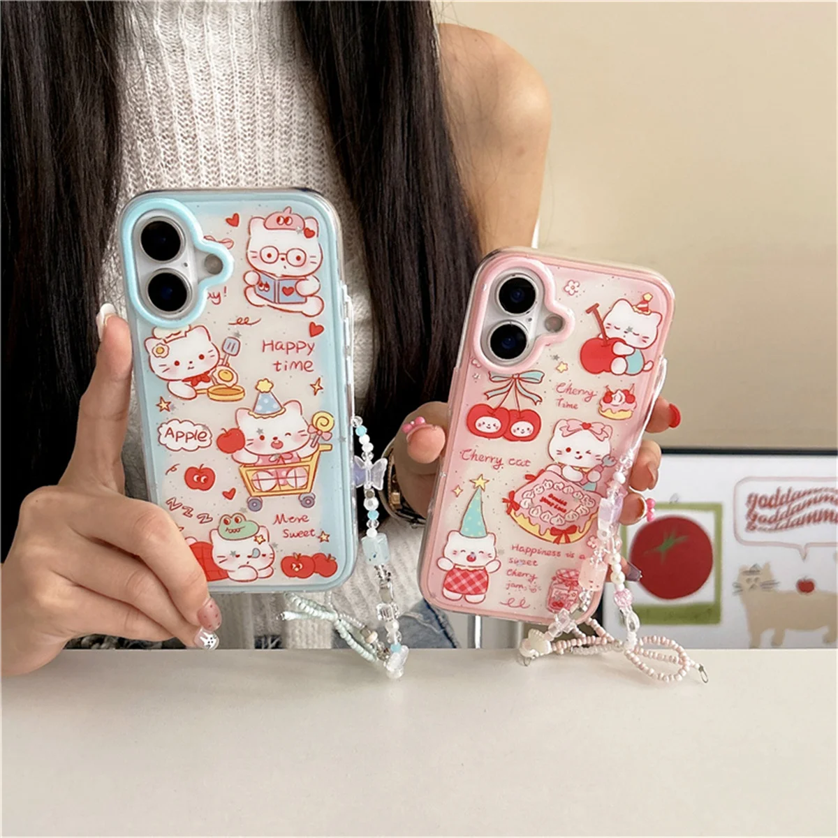 

Kawaii Cartoon Hellokitty Phone Case For iPhone 16 Pro 15 14 Pro Max Back Cover with Chain Shockproof Cute Cases