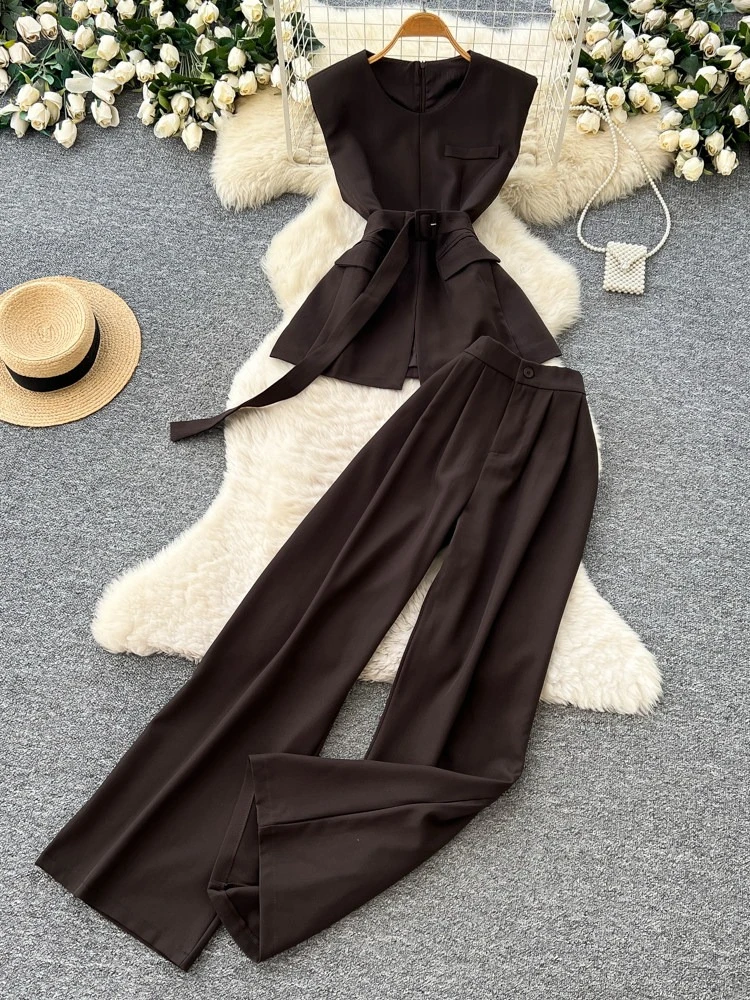Korean style commuting solid two-piece set women's summer new high-end zip lace-up waist vest high waist wide leg pants set