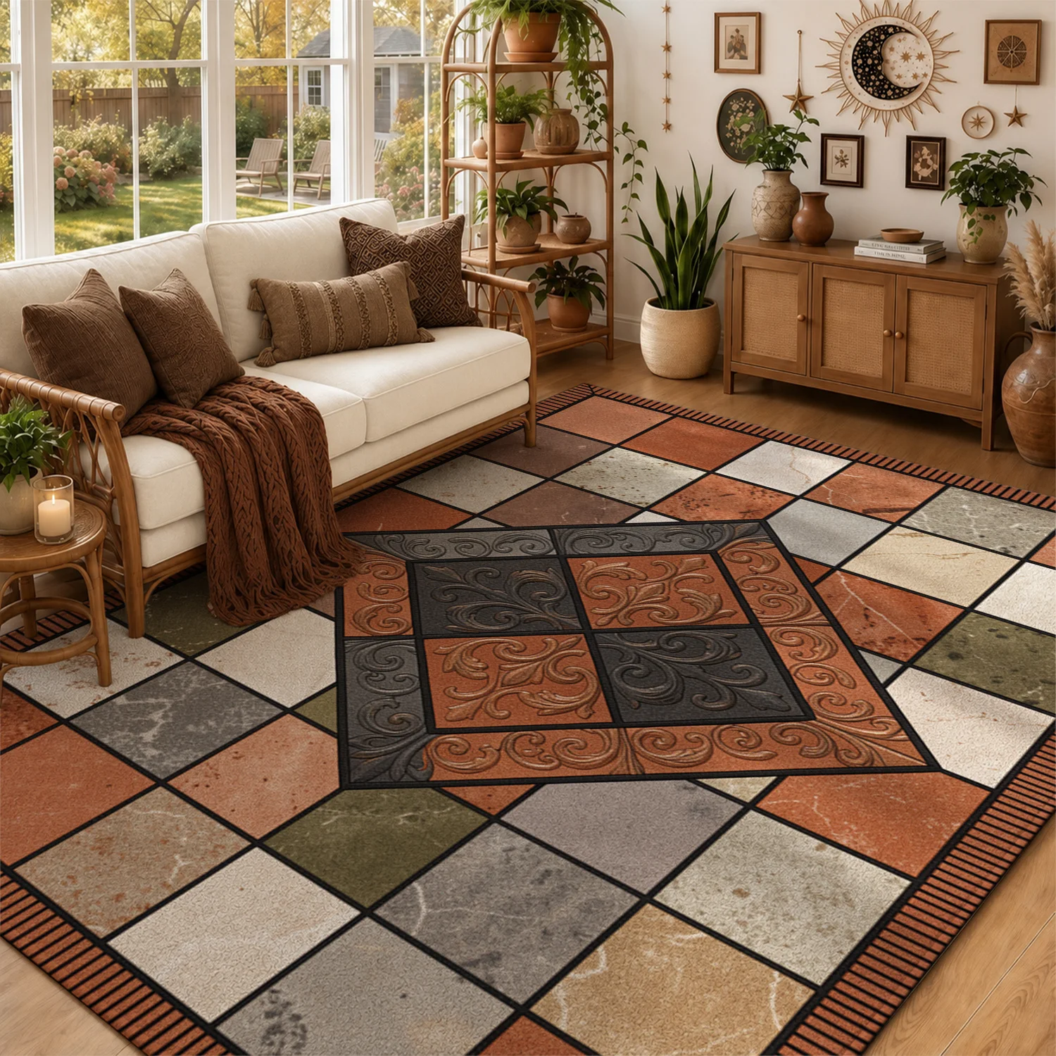 Vintage Mosaic Tile Pattern Area Rug, Soft Velvet Material, Machine Washable, Stable Grip, Suitable for Living Room, Bedroom, Entryway, Dining Room, Perfect for Halloween, Thanksgiving, Christmas, New Year Holiday Home Decor