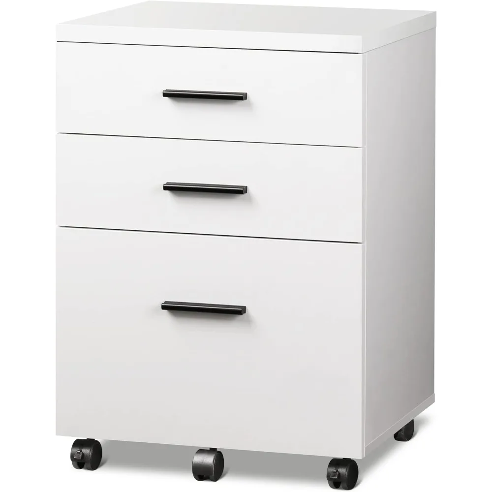 DEVAISE 3 Drawer File Cabinet for Home Office, Wood Under Desk Filing Cabinet, Rolling Printer Stand with Wheels, White