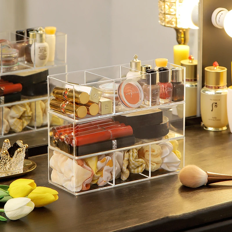 Acrylic Makeup Organizer for Storage Boxes Desktop Cosmetic Rack Lipstick Finishing Grid Box Layered Drawer Storage Display Box