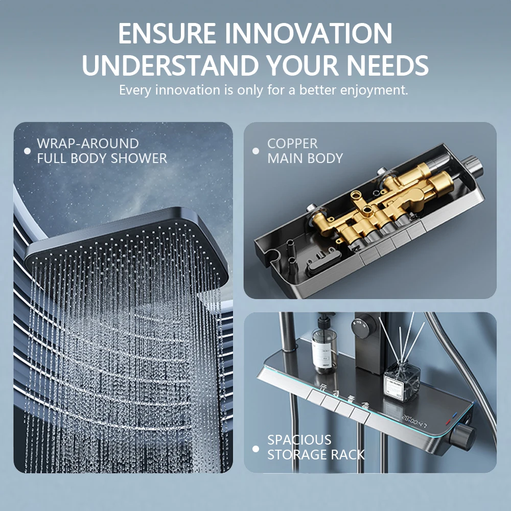 جميع ملحقات مجموعة الدش الرقمية ذات درجة الحرارة الثابتة المنزلية باللون الأبيض الحليبي والنحاس، نظام الدش Salle de bain