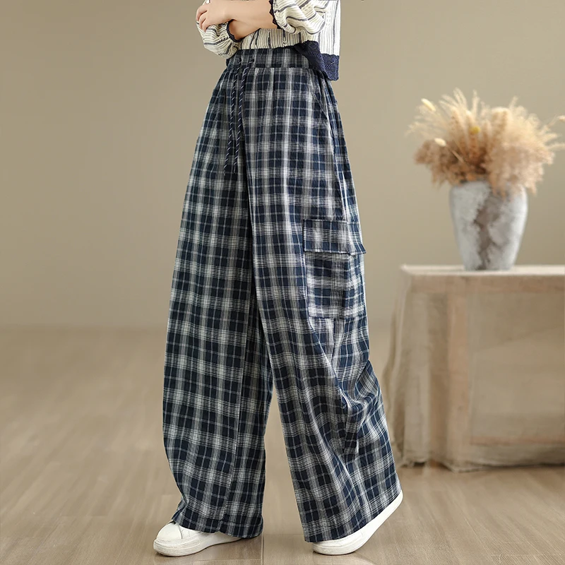 

Ретро ленивые брюки в клетку, широкие брюки, женские повседневные брюки с высокой талией, утягивающие бедра, банановые длинные брюки, осеннее новое поступление