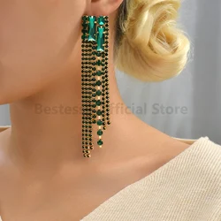 New Green Crystal Chain Tassel Long Hanging Earrings For Women Trend Luxury High Quality Vintage Party Fashion Jewelry 2025 Gift