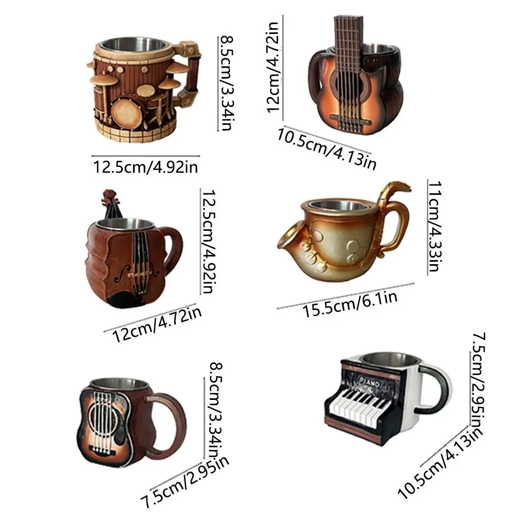 Stainless Steel Musical Instrument Coffee Mug Handcrafted Ornament Guitar Style Water Cup Durable Comfortable Handle
