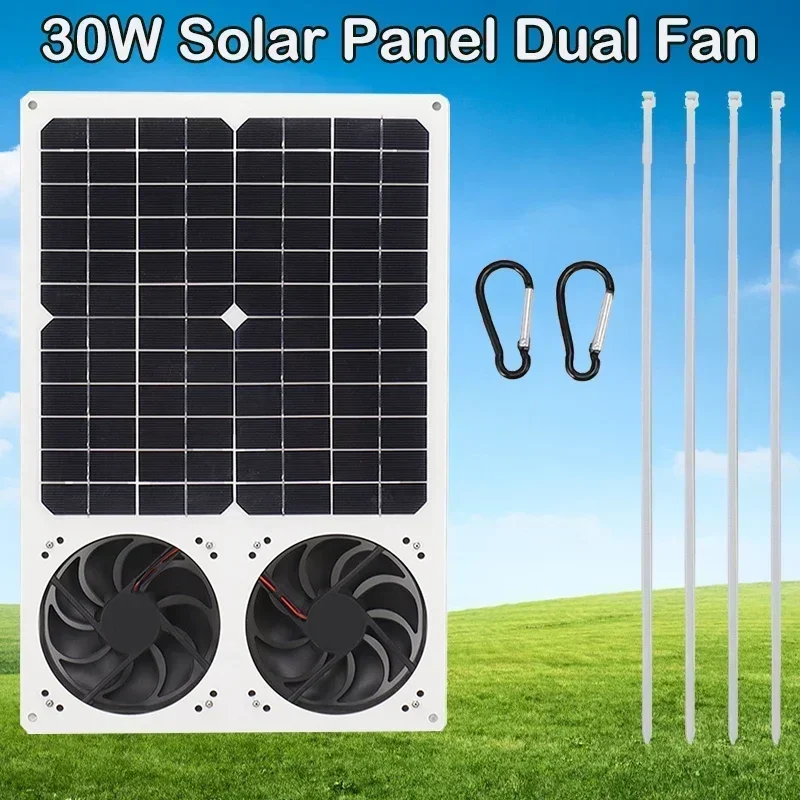 Solar Powered Panel Fan Kit 30W 12V Solas Panels Portable Exhaust Fans Ventilator for Home Outdoor Chicken Coops Greenhouse Shed