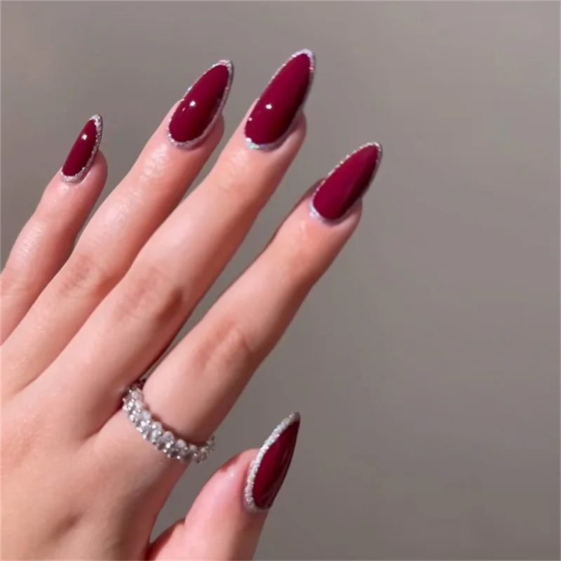 

Short Medium fake nails for women gilrs wine red colors with glitter frame design full cover almond square tips press on nails