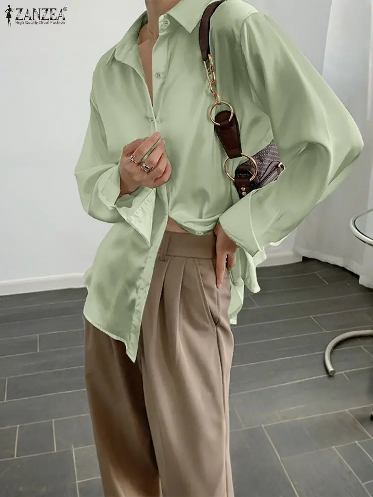 2025ZANZEA Herbst Büro Satin Shirts Mode Frauen Langarm Solide Bluse Frühling Elegante Taste Tops Weibliche OL Arbeit Hemd
