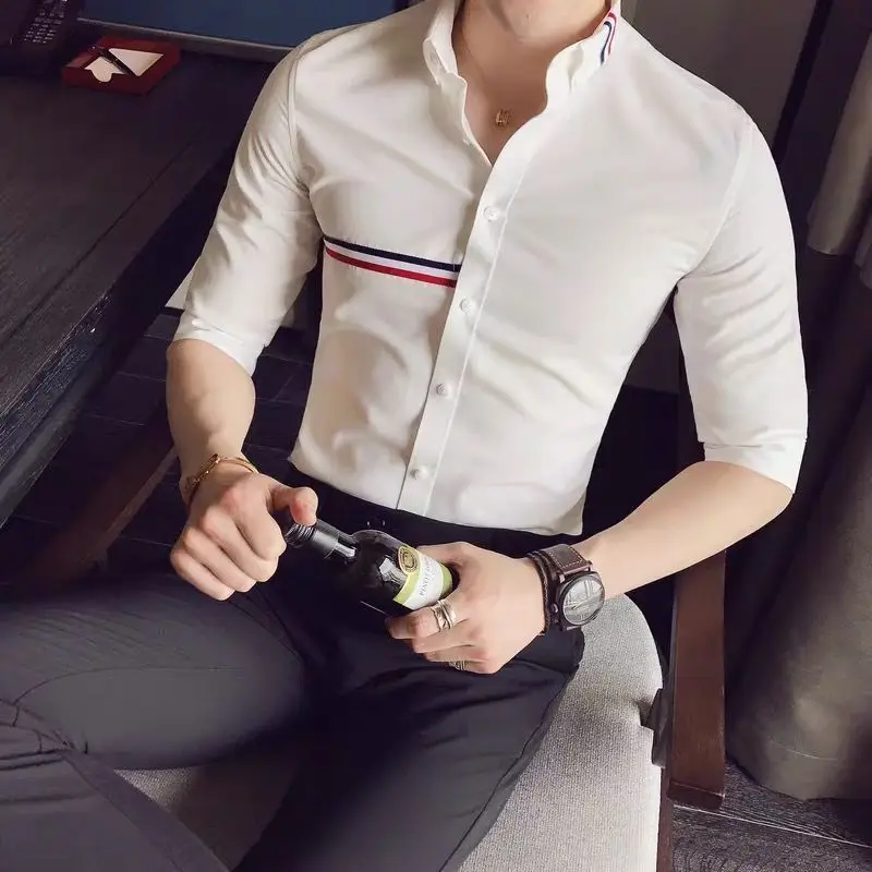 2024 New Summer Korean Version Trendy Casual Business Color Blocking Lapel Slim Fit and Handsome Quarter Sleeved Shirt for Men