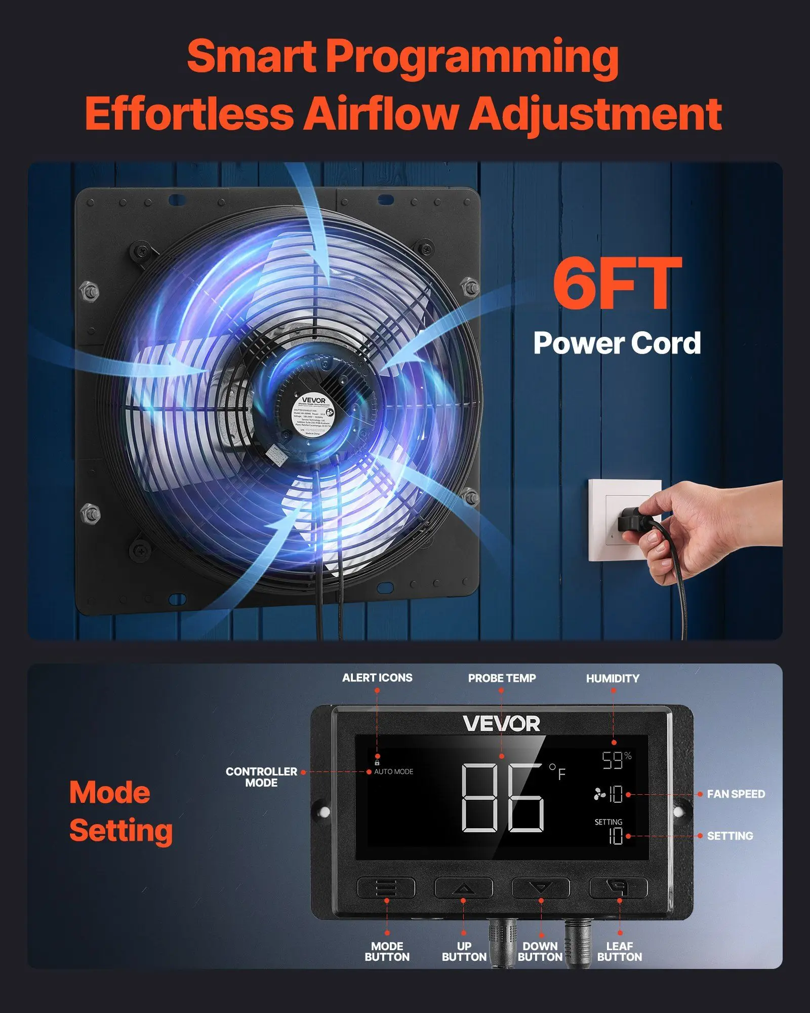 10 inch Shutter Exhaust Fan 1000 CFM Wall Mounted Attic Fan with Smart Temperature Control & Timer for Shed Garage Ventilation