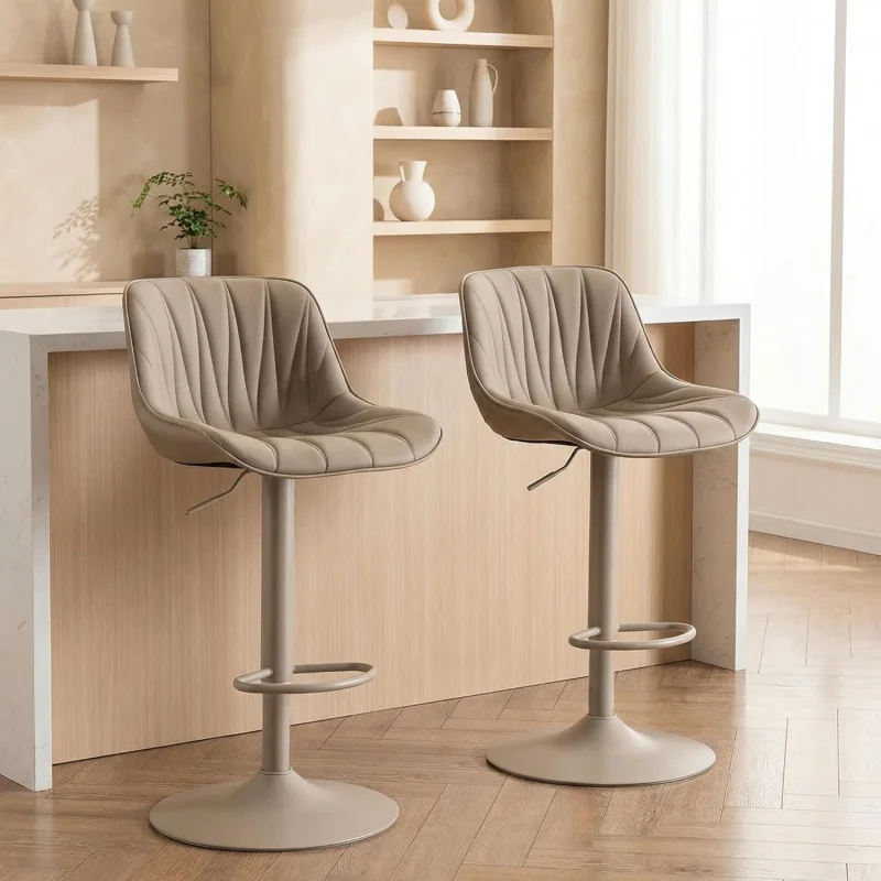 

2 Pack Counter Height Swivel Bar Stools, Adjustable Faux Leather Padded Chairs with Back, Full Khaki Same-Color Base Kitchen
