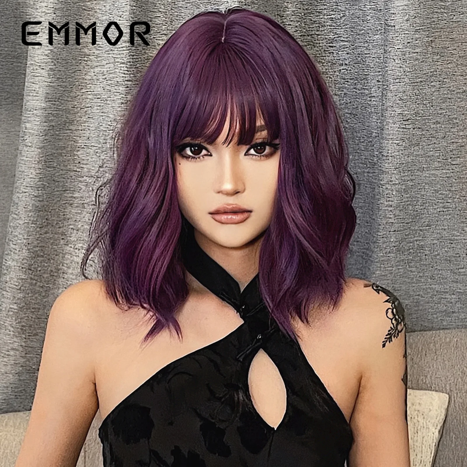 European American Style Orange Short Curly Bob Full Head Wig with Straight Bangs Natural Hairpiece for Women