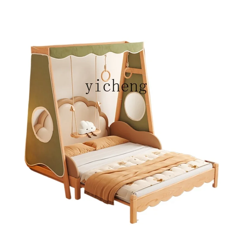 Tqh cama de madera maciza para niños, columpio retráctil divertido, estante retráctil, cama de casa, ocio, habitación creativa para niños