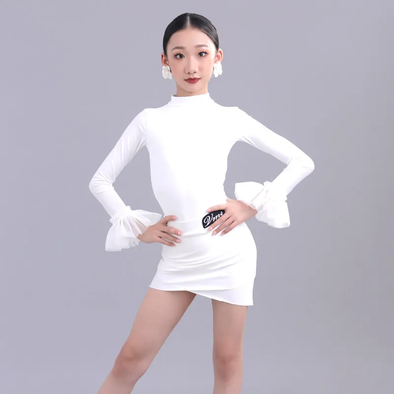 White Latin Dance Clothes Girl Performance Clothing Long Sleeve Dance Suit Children Training Clothes Latin Outfit Black VBH2477