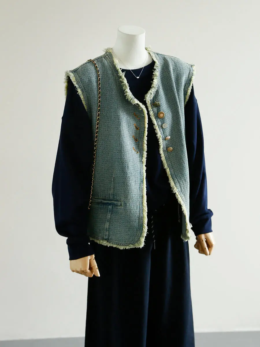 Faionable américain Sle femmes Denim gilet automne hiver nouveauté côté boutonné Svel gilet avec effiloché s