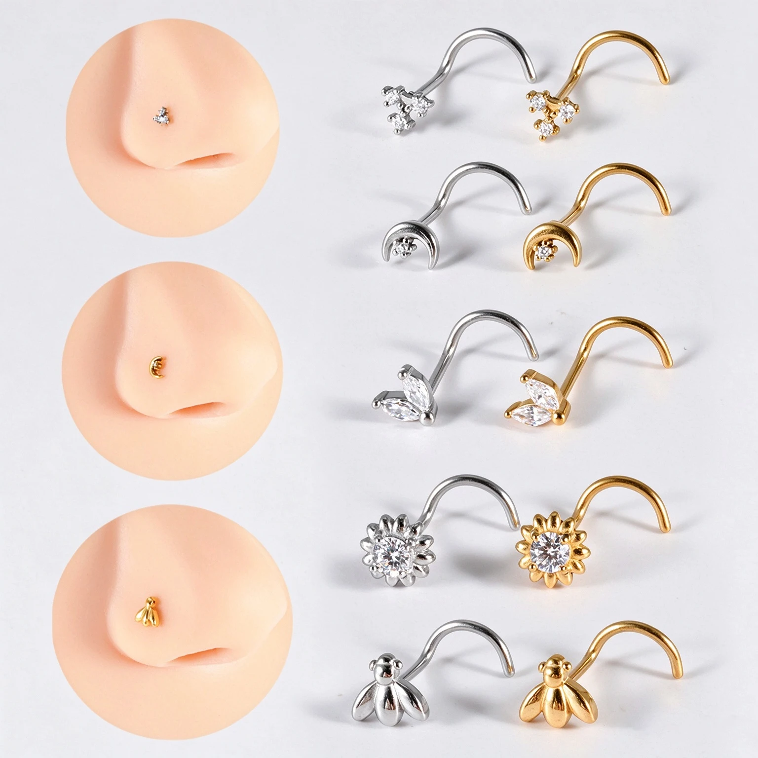 Stainless Steel S-Shape Nostril Stud CZ Flower Moon Bee Design Curved Bar Nostril Piercing Marquise Zircon Body Piercing Jewelry