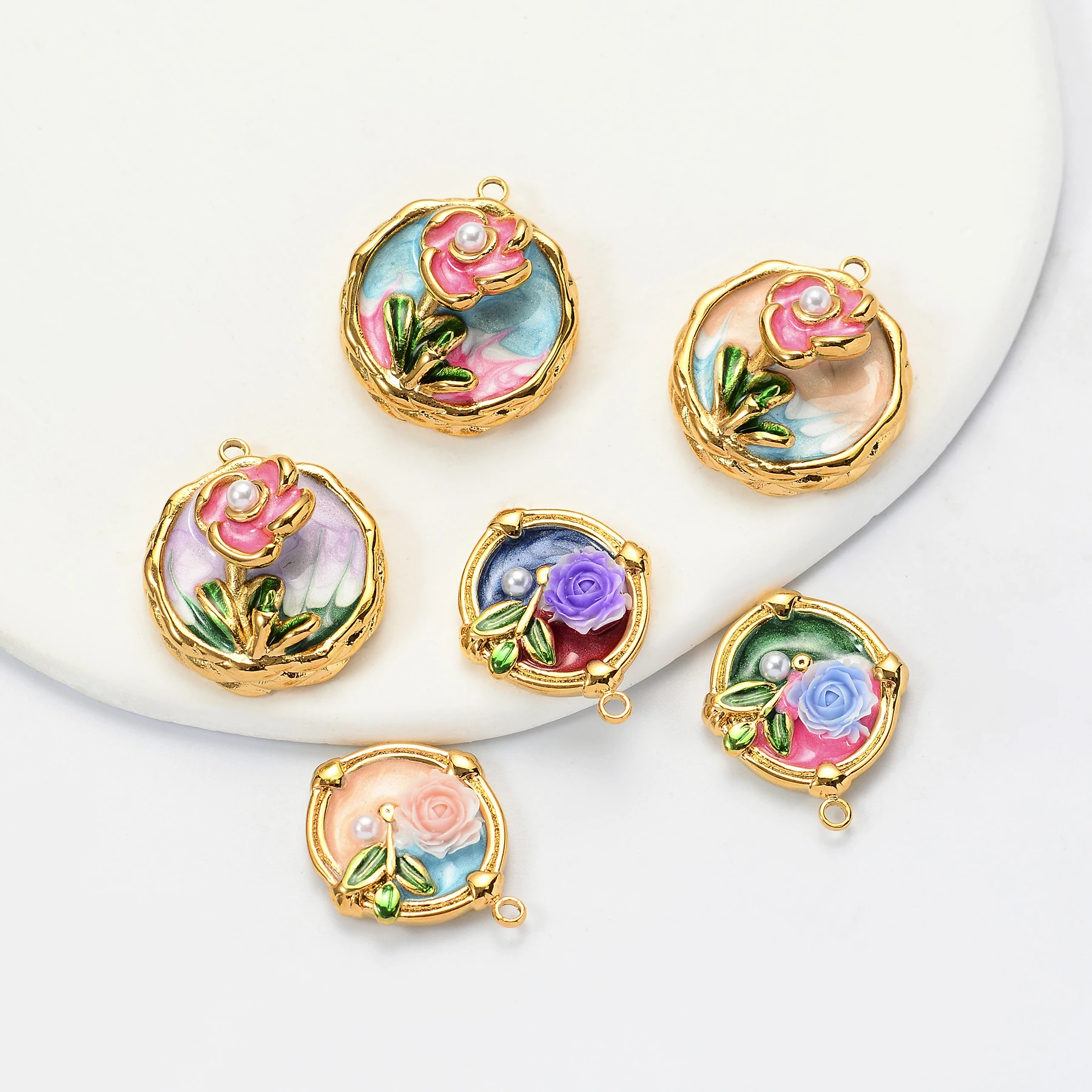 4pcs/lot Fashion Retro Stereoscopic Enamel Flower Charms For DIY Necklaces Making Stainless Steel Jewelry Accessories