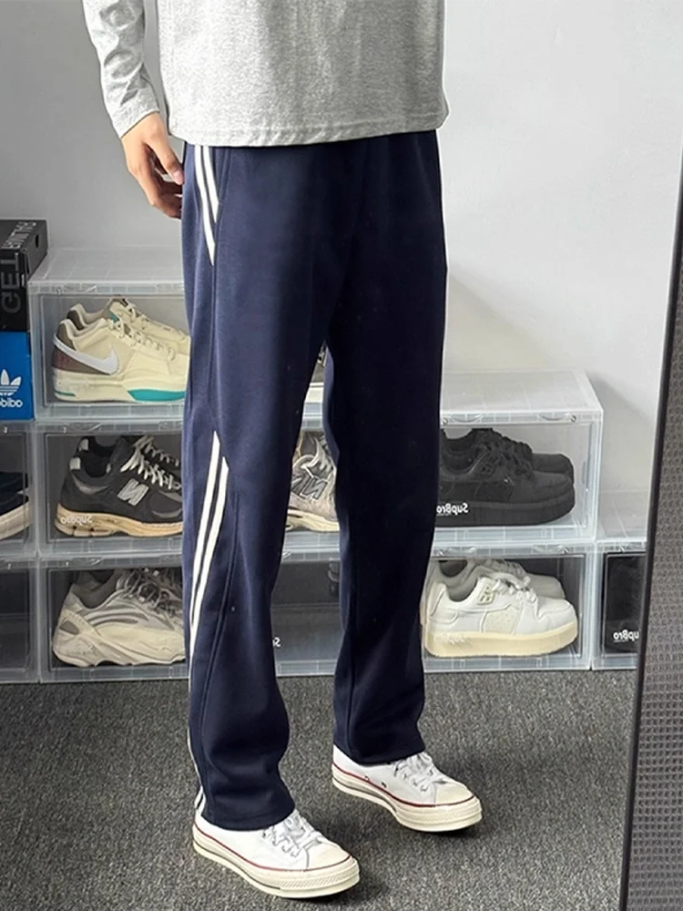 

Кобальтово-синие мужские спортивные повседневные брюки Fitn, прямые спортивные штаны в полоску, осень-зима, американский Sle Cleanfit