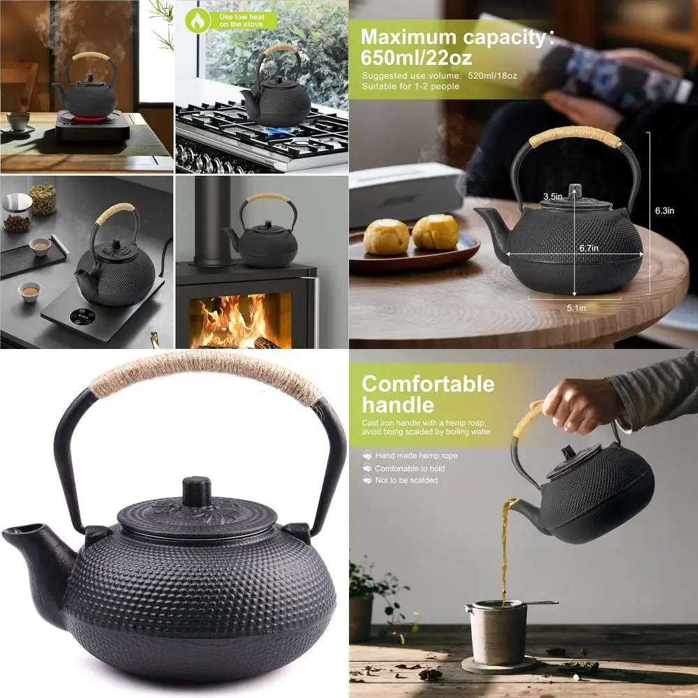 

Enameled Interior Japanese Cast Iron Tetsubin Kettle, 22 oz, Stovetop Safe