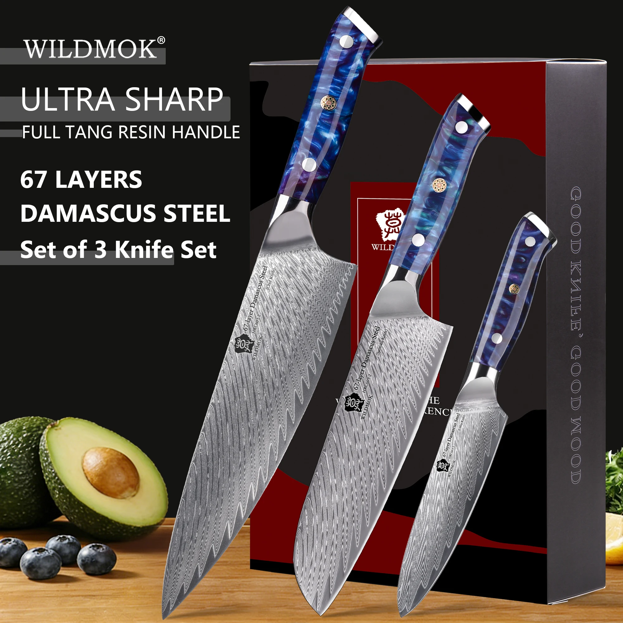 

WILDMOK 67 Layer Japanese VG10 Damascus Steel 3 PCS Kitchen Knife Set Blue Resin Handle Professional Cooking Cutlery