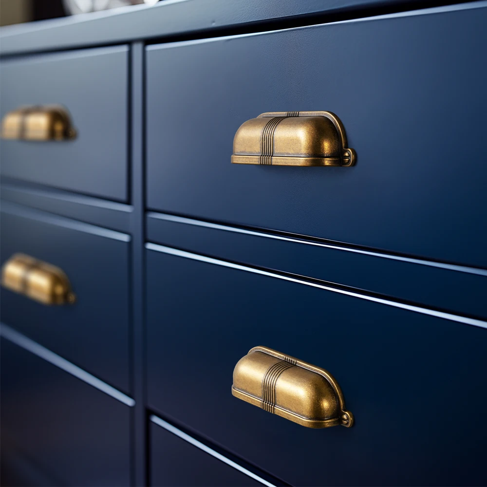 Goo-Ki Antique Brass Cabinet Cup Pulls Hammered Texture with Curved Edges Elegant Retro Drawer Handle for Kitchen & Furniture