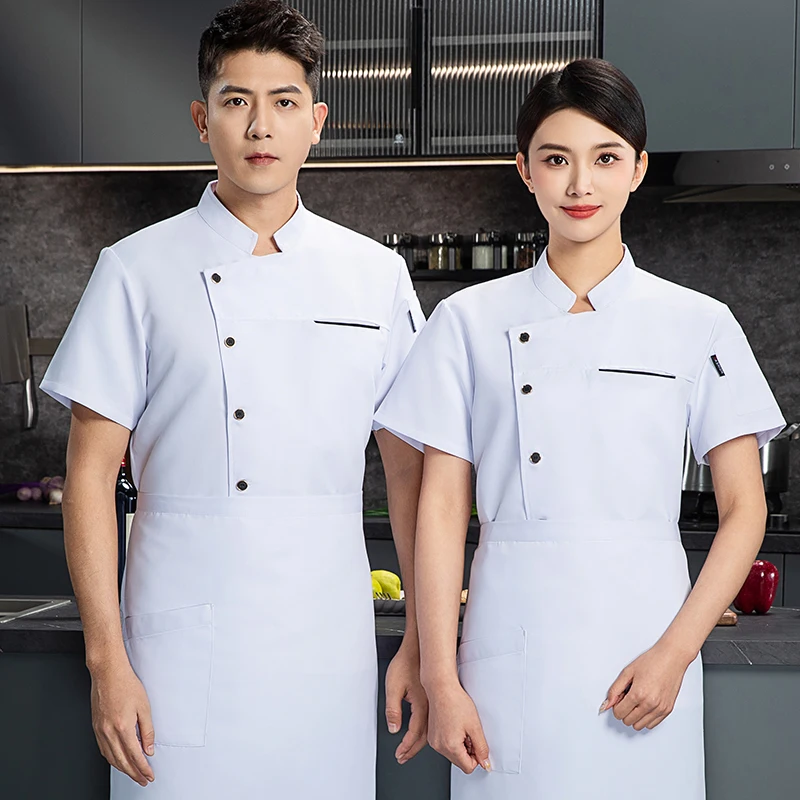 الشيف السراويل تنفس الصيف الأبيض الرجال قصيرة الأكمام المطبخ موحدة سترة الشيف معطف الشيف المئزر ملابس العمل شعار مطعم