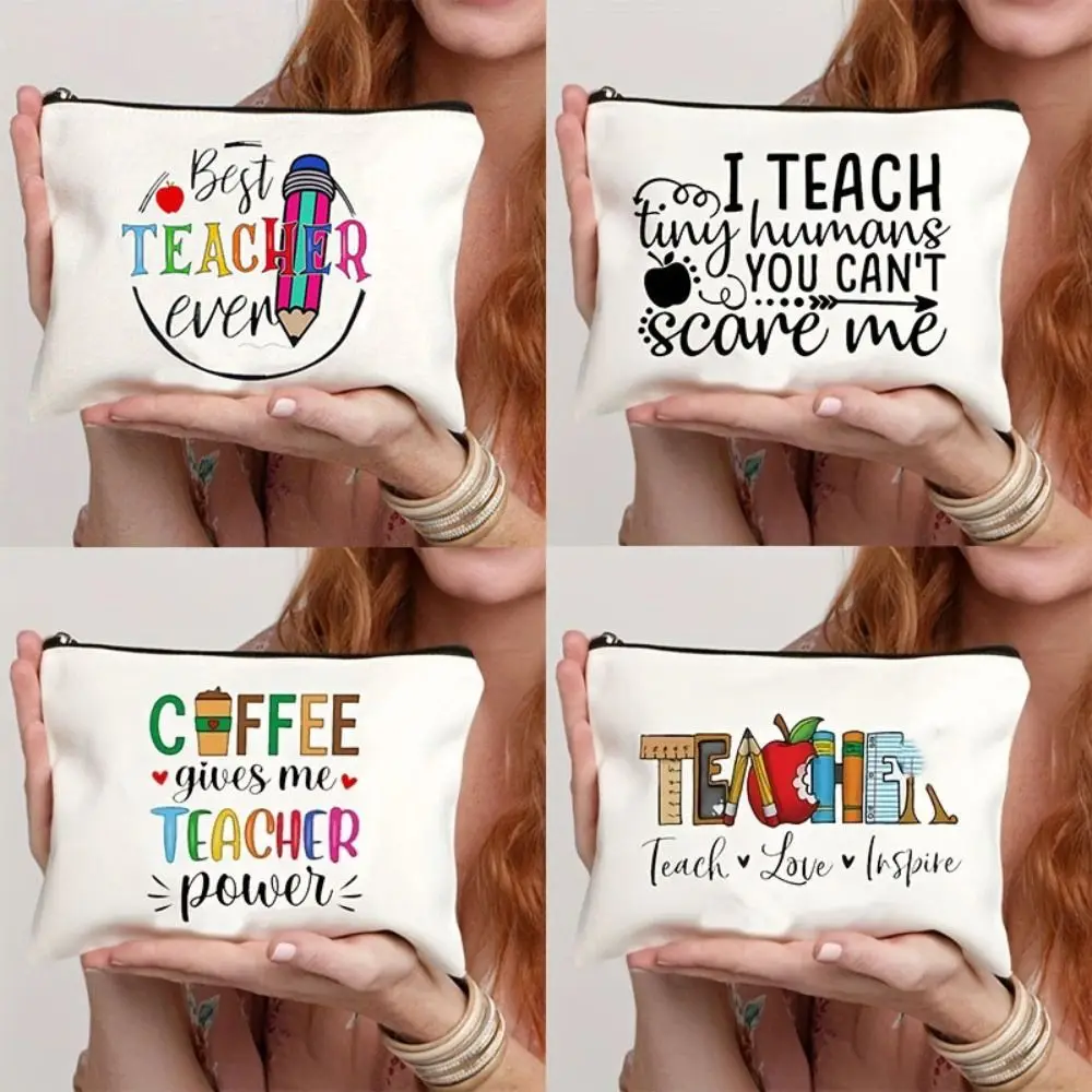 Coffee Give Me Teacher Power Zipper Pen Bag Organizer Pouch Bag Student Stationery Mini Pen Bag Portable Multi-function