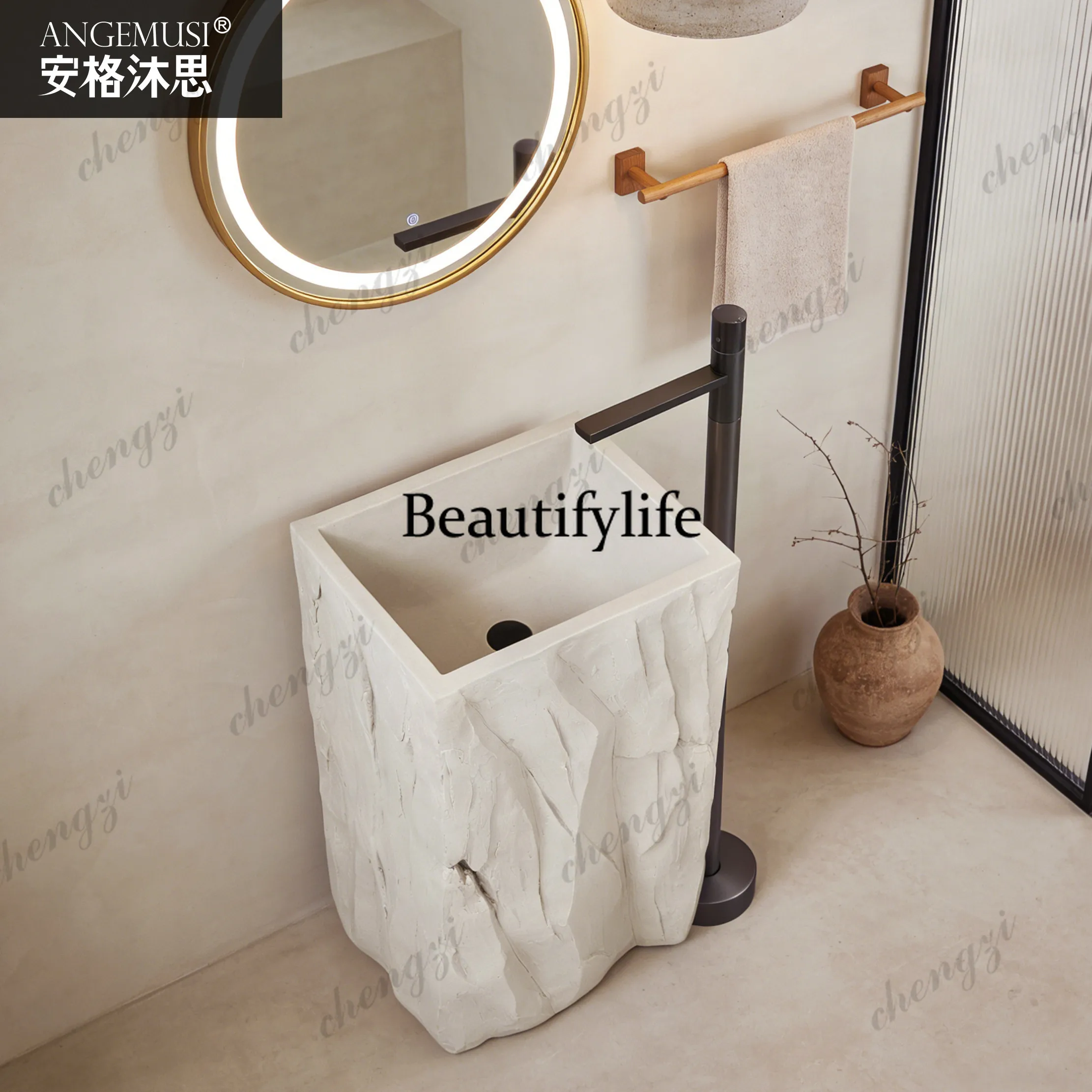 Floor-to-ceiling washbasin Japanese-style pillar basin Rock texture washbasin Household outdoor integrated garden art