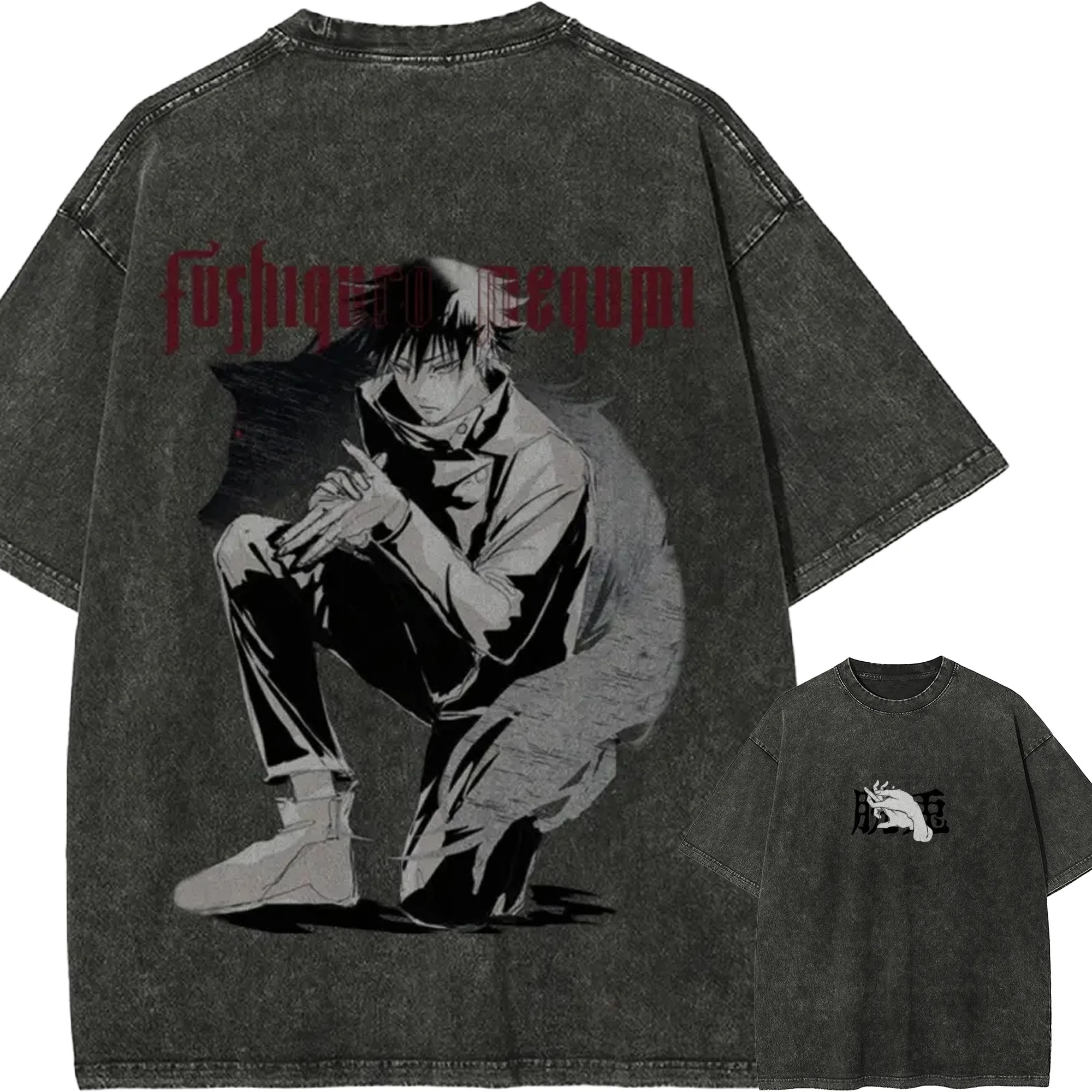 

Футболка Megumi Fushiguro Jujutsu Kaisen мужская, с эффектом кислотной стирки, аниме-принт, техника призыва Десяти Теней, уличная одежда