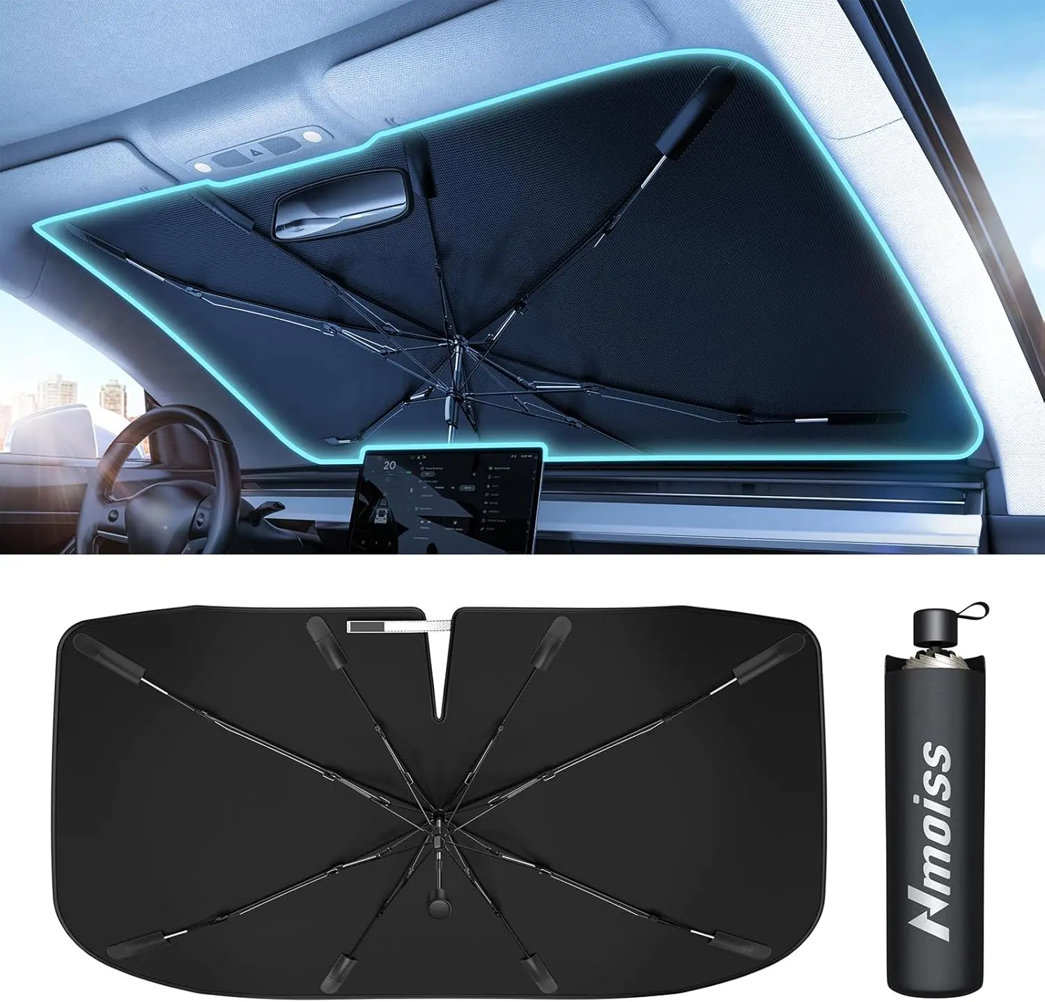 

2025 Upgraded Car Windshield Sun Shade Umbrella - Vinyl Coating Heat Shield, 61"L x 35"W Large Size